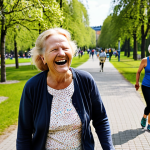 **

Prompt:  A Swedish woman in her 60s, laughing and walking briskly with a friend in a sunny Stockholm park.  Emphasis on active lifestyle and strong bones. Include healthy, green trees and blooming flowers in the background. Focus on preventing osteoporos with physical activity.

**