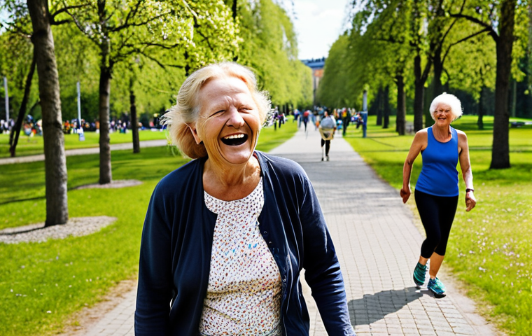 **
Prompt: A Swedish woman in her 60s, laughing and walking briskly with a friend in a sunny Stockholm park. Emphasis on active lifestyle and strong bones. Include healthy, green trees and blooming flowers in the background. Focus on preventing osteoporos with physical activity.
**
