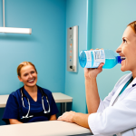 **Prompt:** A person drinking a large bottle of water after an X-ray, with a healthcare professional smiling reassuringly in the background. Focus on hydration and care. Setting: A bright, modern Swedish clinic waiting area.