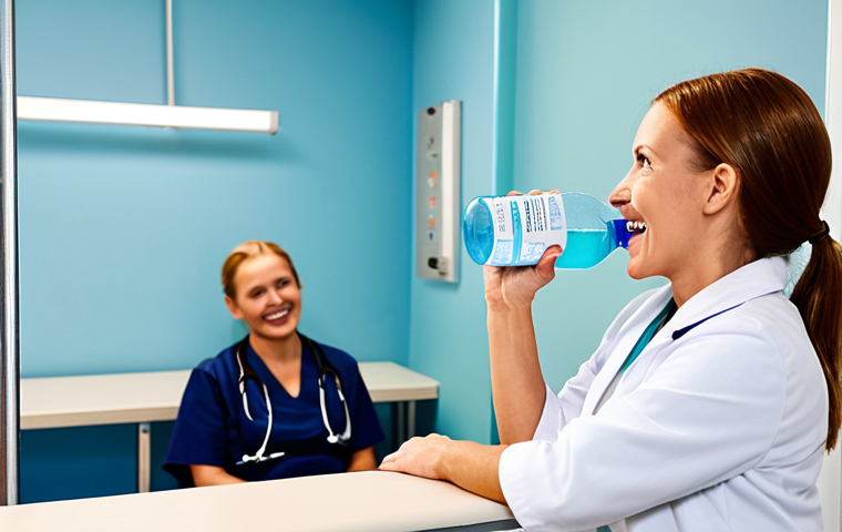 **Prompt:** A person drinking a large bottle of water after an X-ray, with a healthcare professional smiling reassuringly in the background. Focus on hydration and care. Setting: A bright, modern Swedish clinic waiting area.